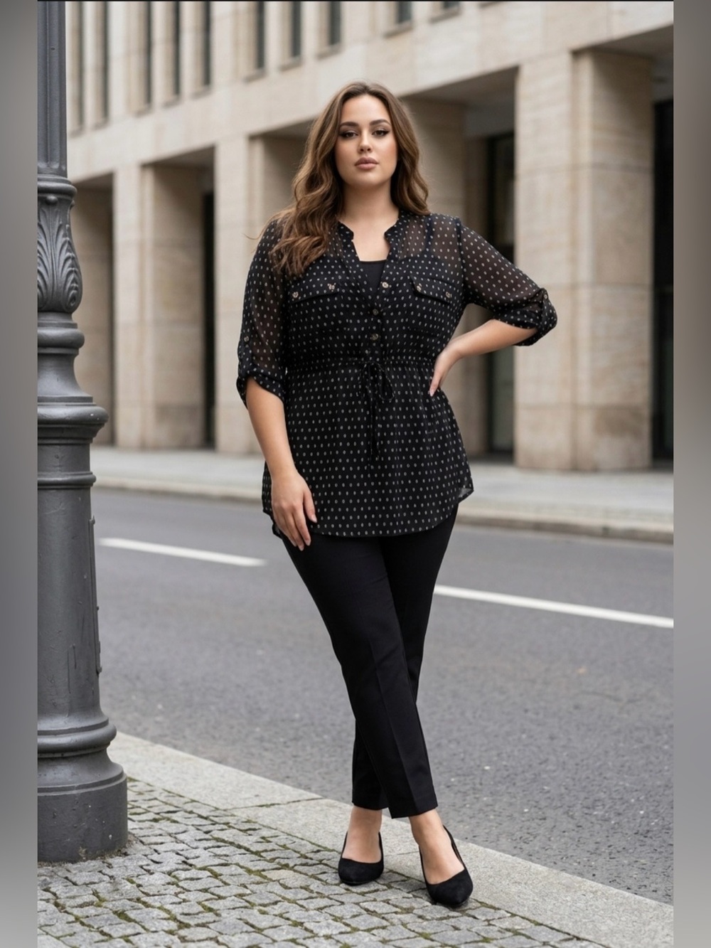 Siren Lily Black Polka Dot Semi-Sheer Tunic Blouse/Size XL